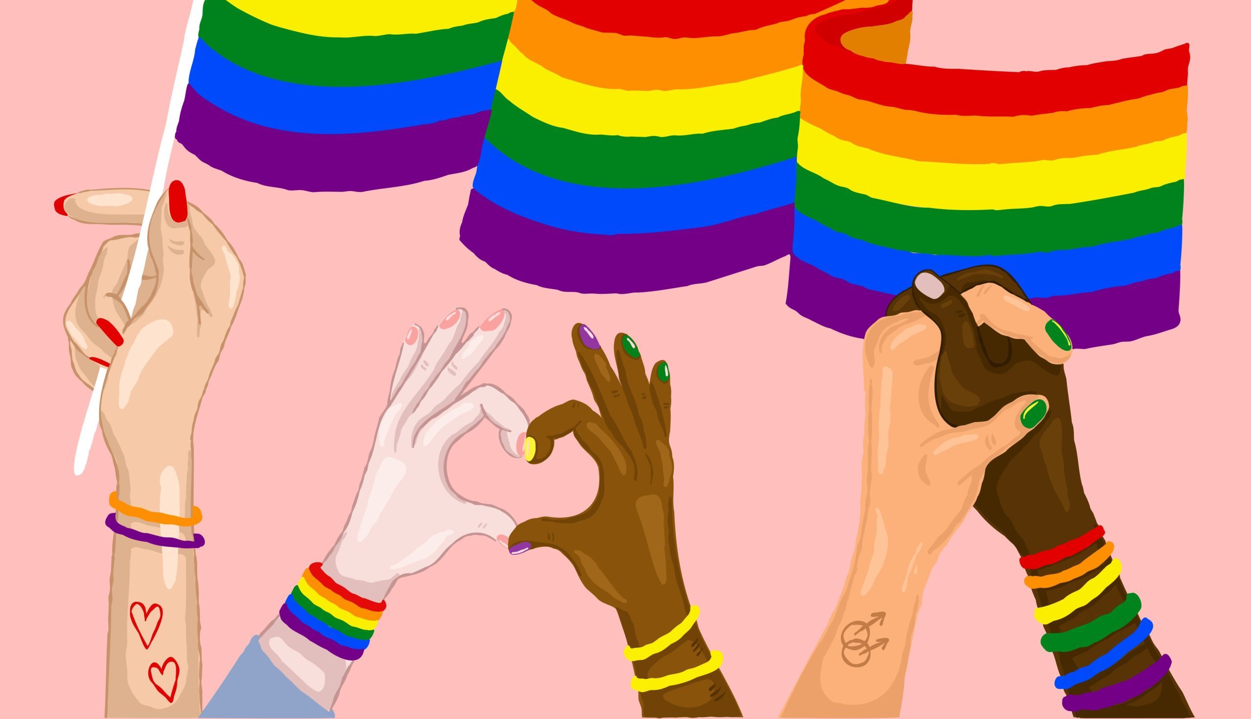 En illustration med en prideflagga och händer.