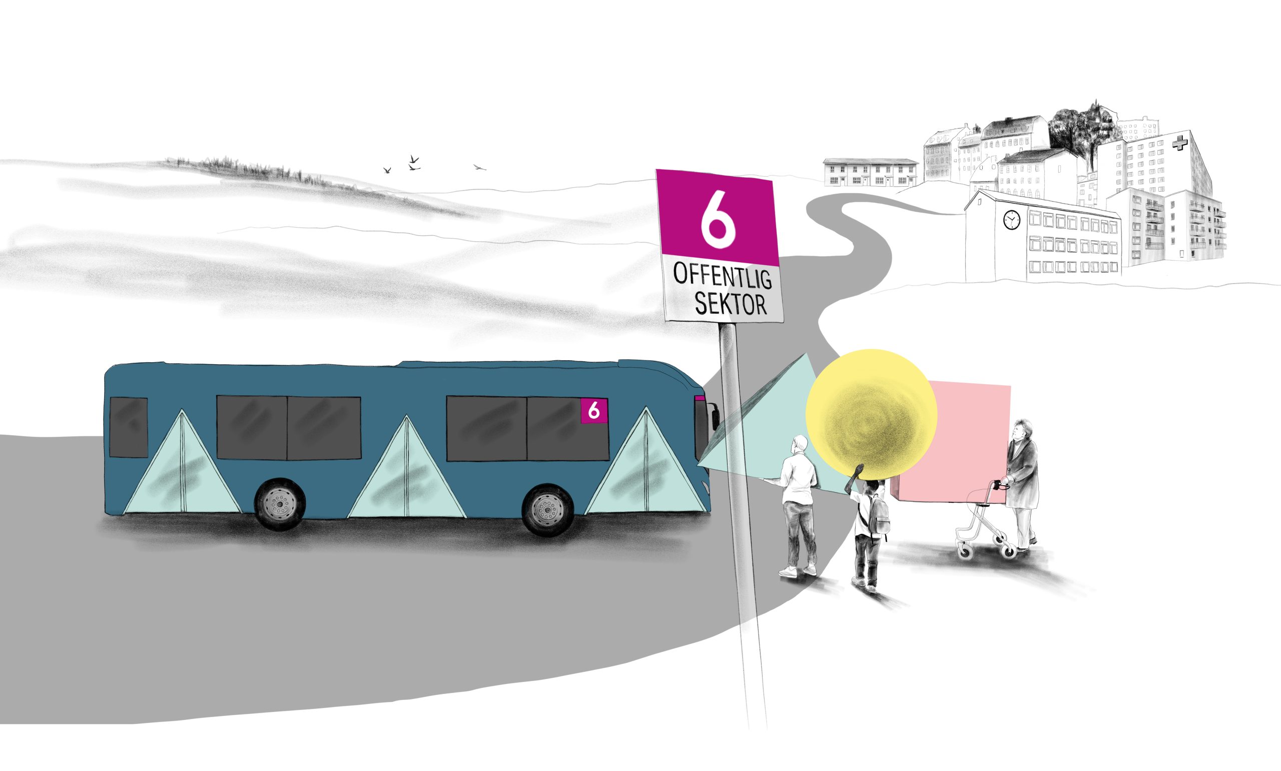 Illustration av en buss vars tre dörrar är formade som trianglar. Utanför bussen står tre personer som på varsitt objekt som är format som en triangel. en cirkel och en kvadrat.