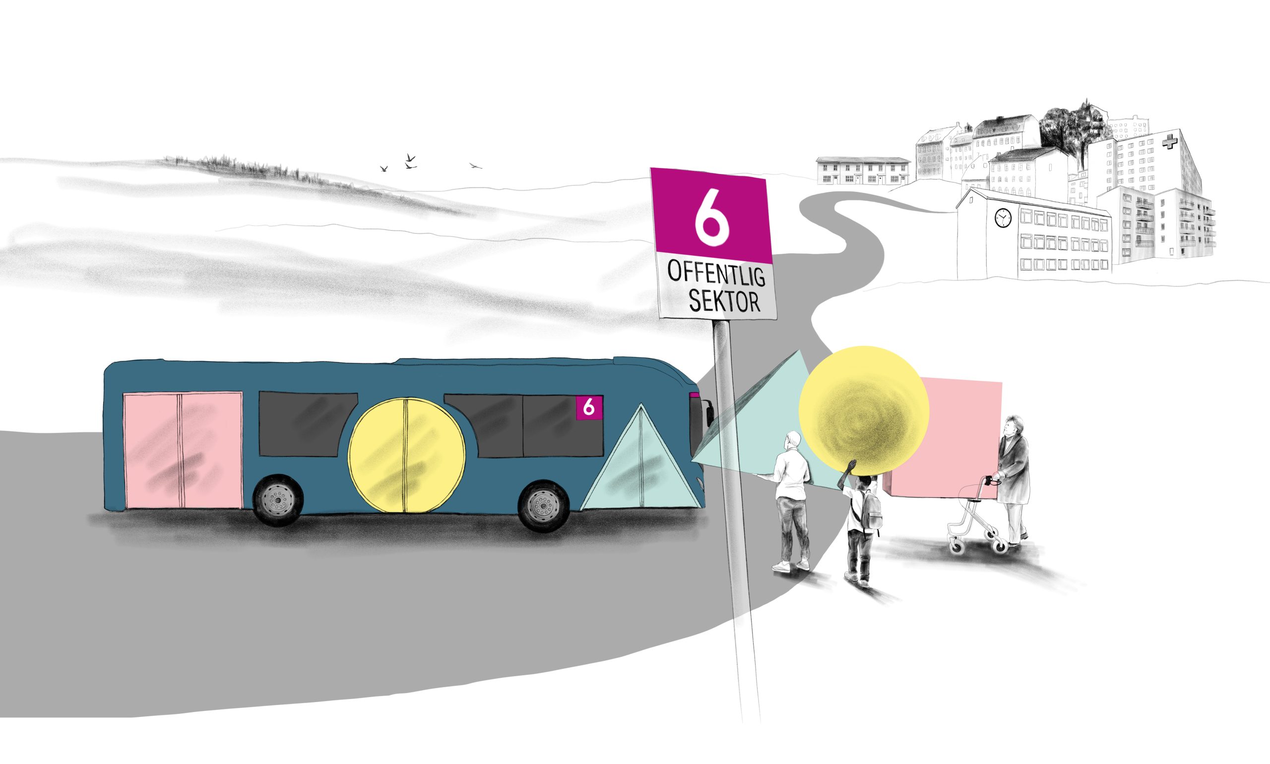 Illustration av en buss vars tre dörrar är formade som en kvadrat, en cirkel och en triangel. Utanför bussen står tre personer som bär på former som passar för att komma in genom dörrarna.