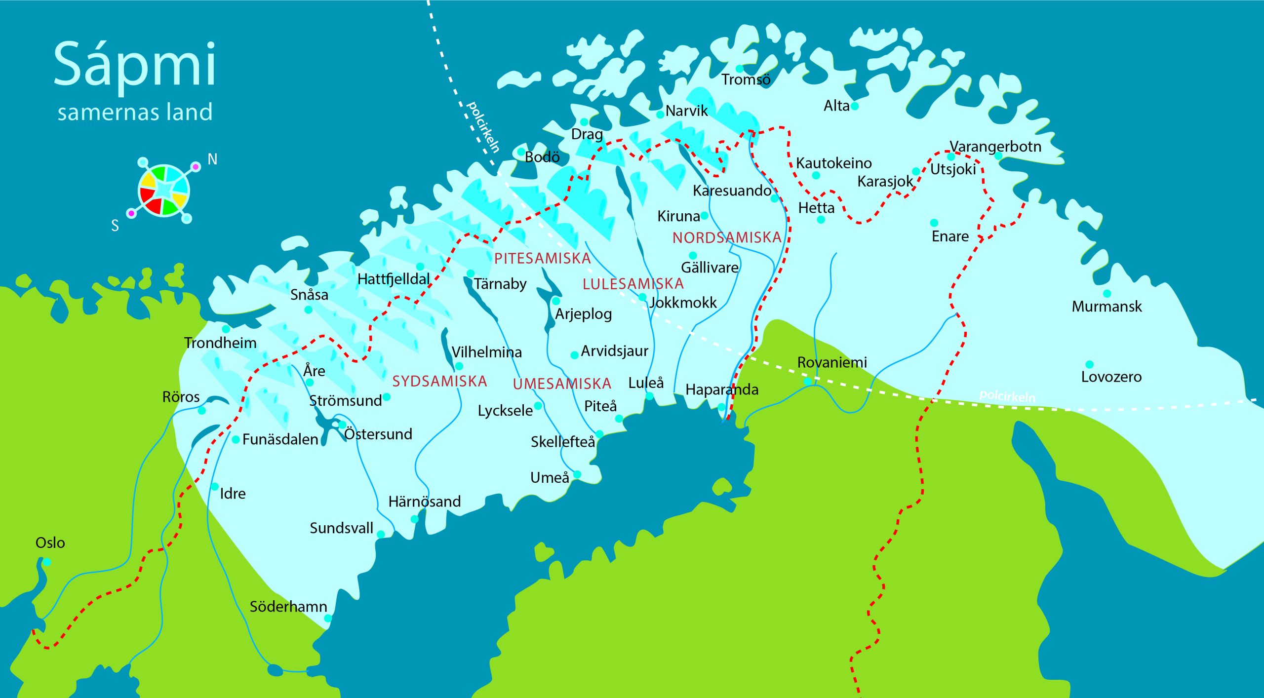 Kartan visar en karta över Sapmi som sträcker sig över norra Norge, Sverige, Finland och Ryssland