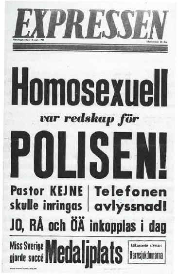 Bilden visar en löpsedel från Expressen, med texten Homosexuell var redskap för polisen.