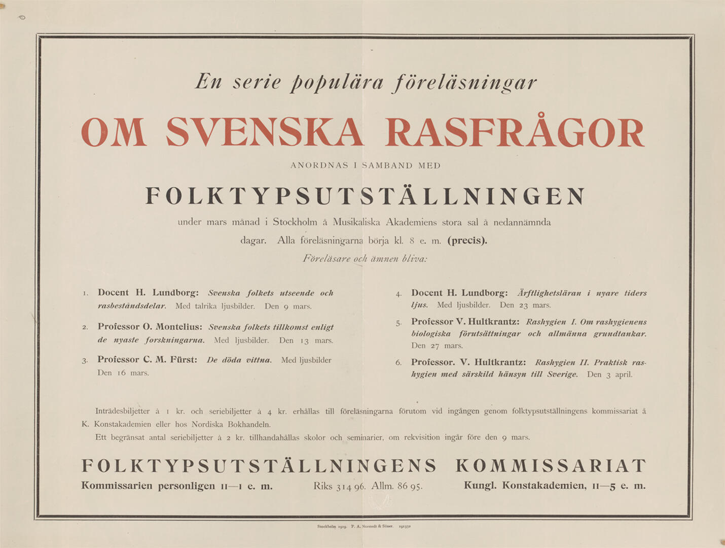 Äldre affisch på gulnat papper med rubriken "Om svenska rasfrågor"