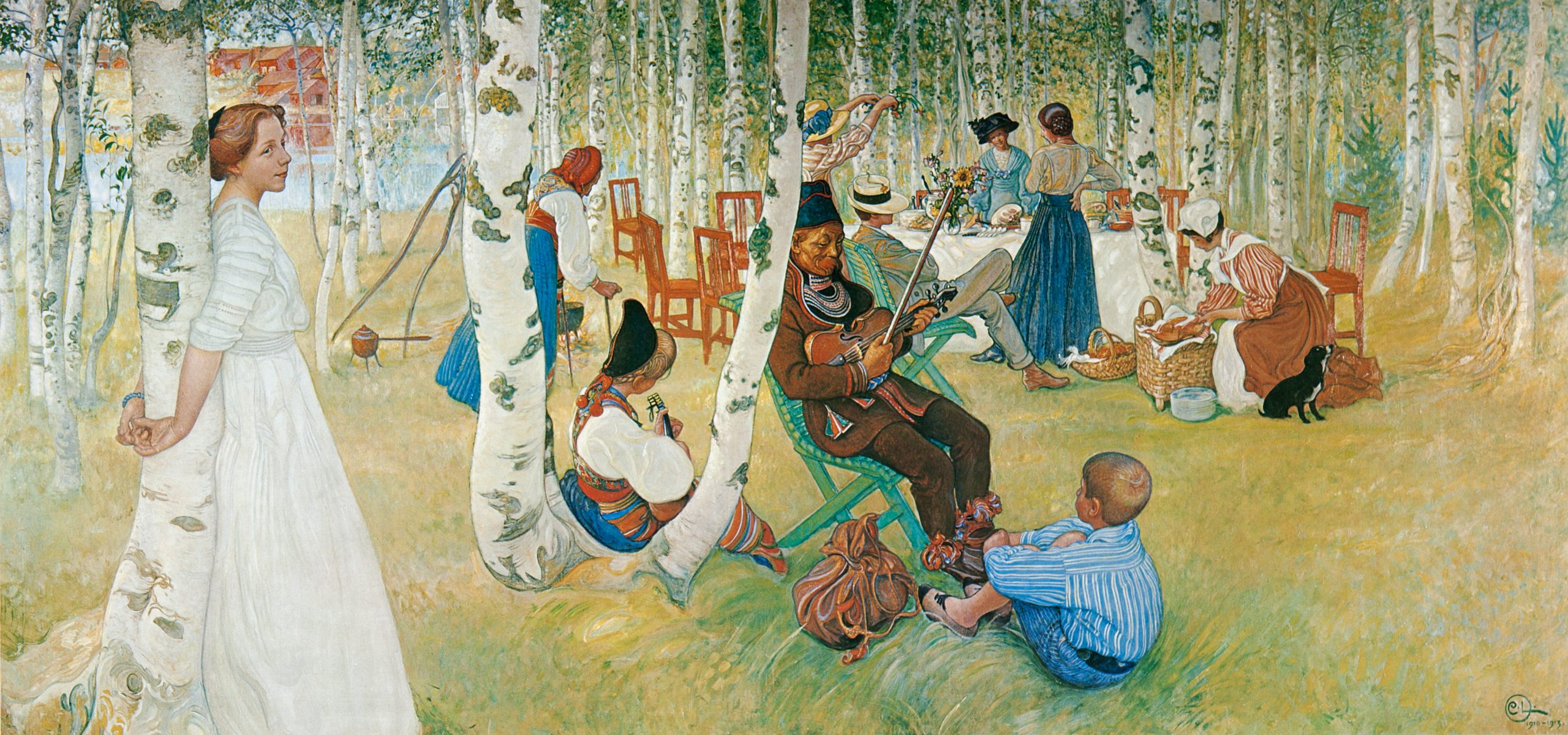 En välkänd färgstark målning av Carl Larsson. Motiven är en romantisk skildring av en frukost picknick u utomhusmiljö.