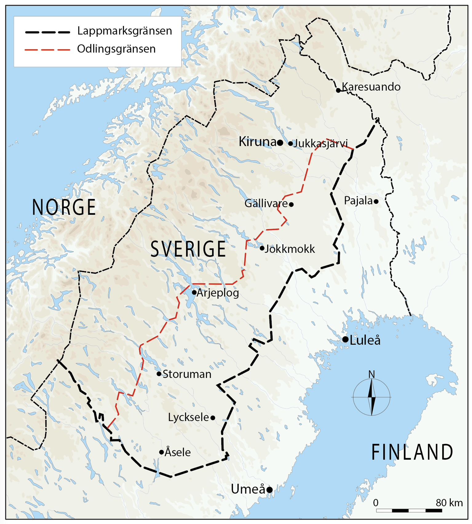 En karta som visar hur lappmarkgränsen och odlingsgränsen delar en stor del av norra Norrland. Mestadels så att delarna blir till väster och till öster.