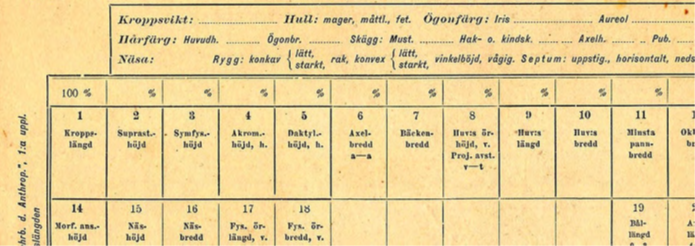 En tabell på gulnat papper. Kolumner finns för "ögonfärg", "hull" och andra fysiska egenskaper.