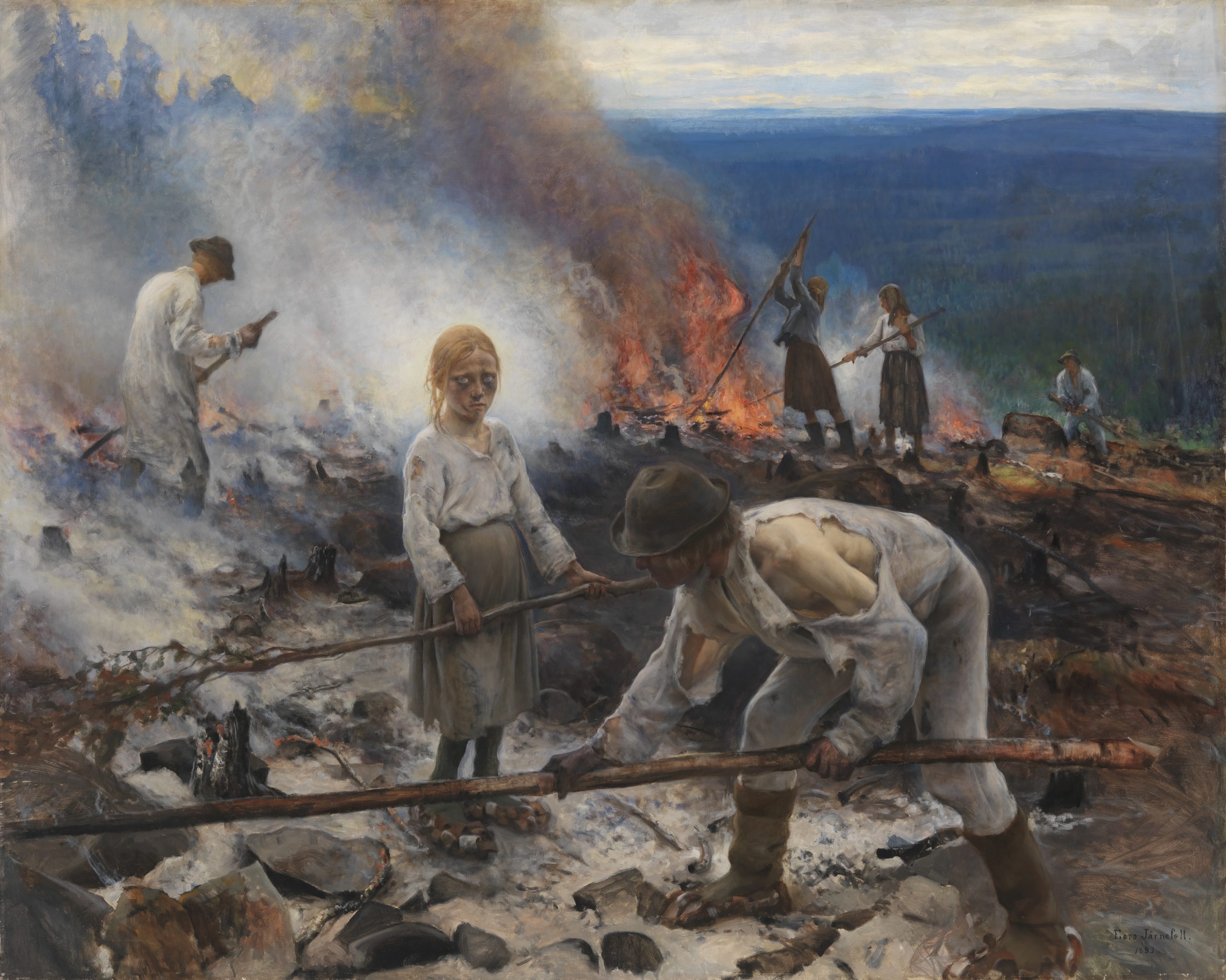 Målning från 1893 av Eero Järnefelt som skildrar skogsfinnar som svedjebönder i mellersta Sverige, med människor som arbetar i en bränd skog.