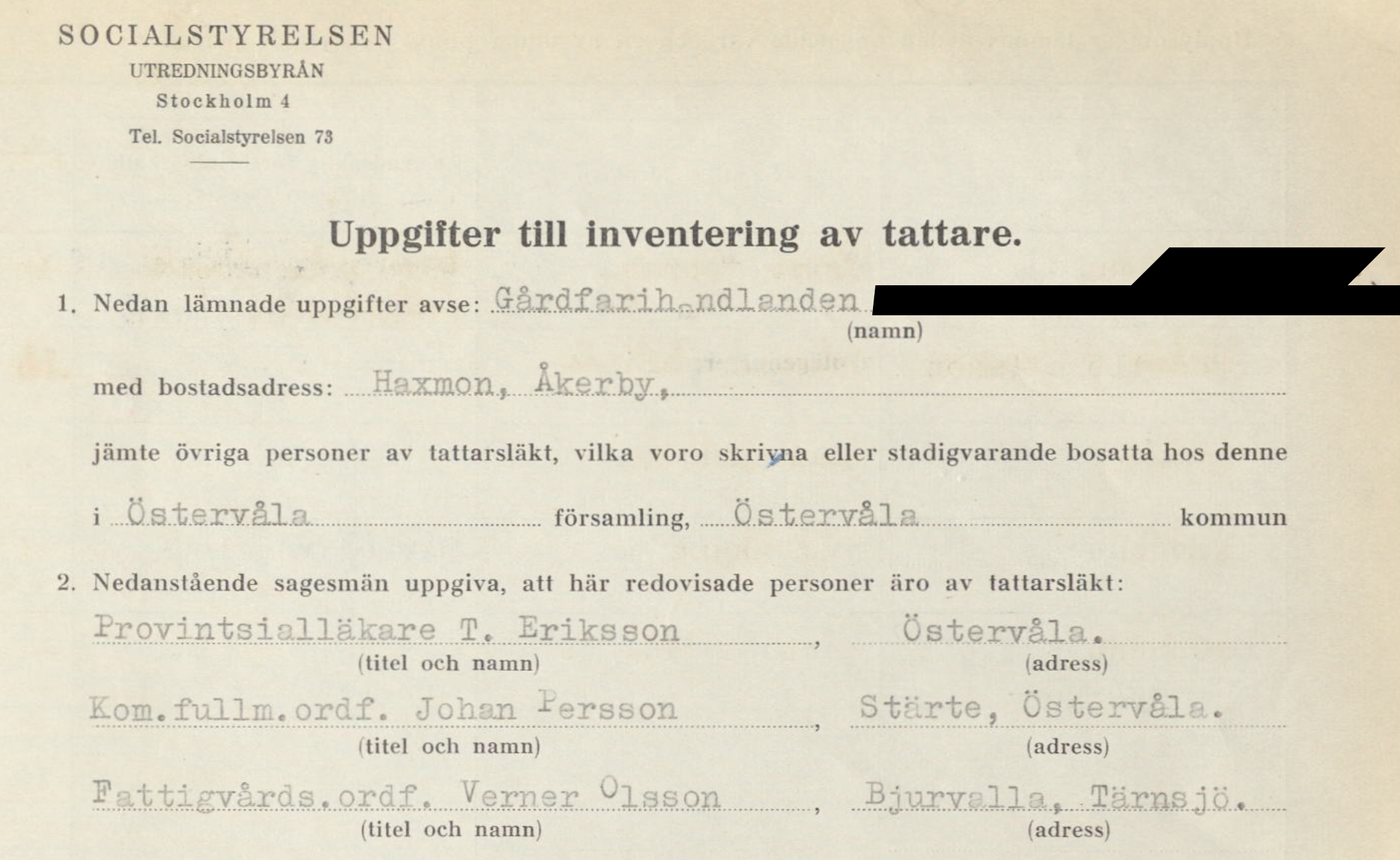 Ett äldre gulnat arkivkort med rubriken "uppgifter till inventering av tattare."