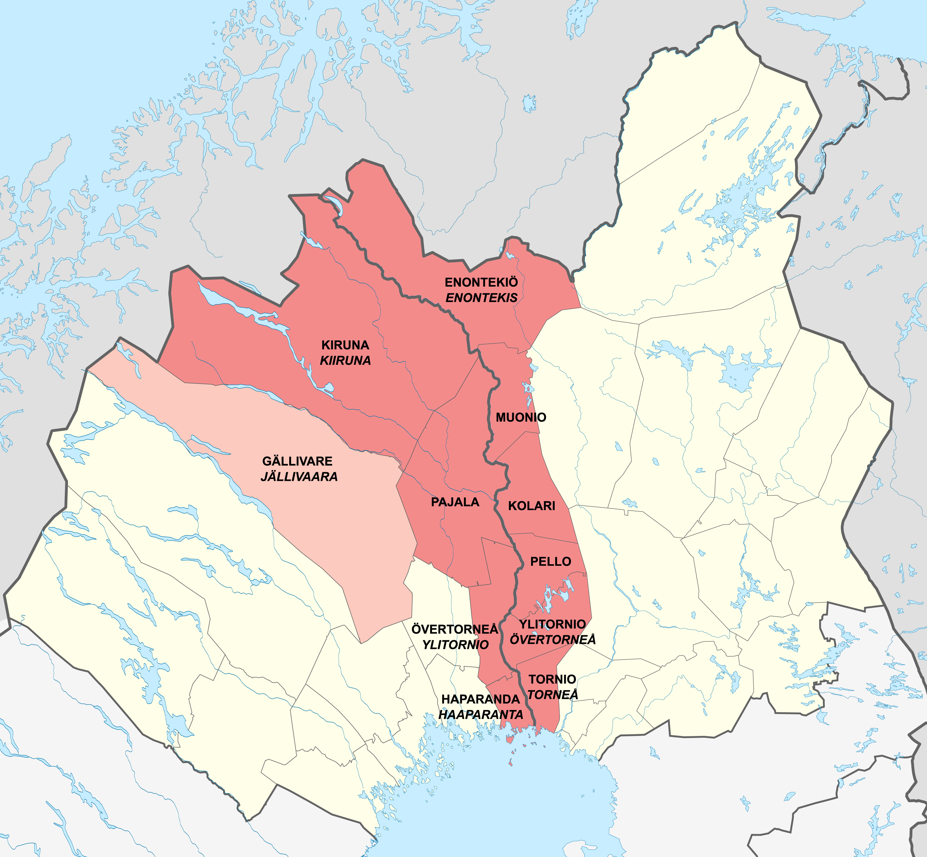 En karta över nordligaste Sverige och Finland, där områden i båda länderna är markerade.