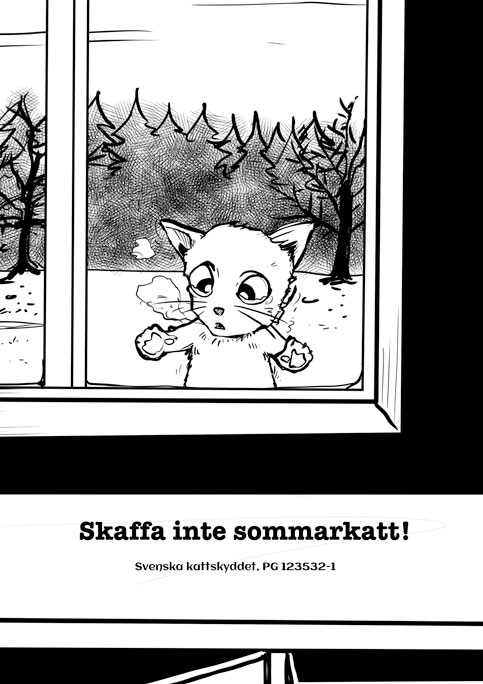 Illustration föreställande en ledsen katt som tittar in genom ett fönster.